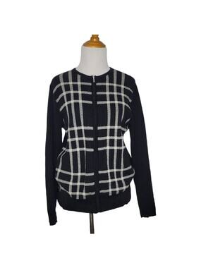 Pendleton Merino Wool Cardigan Sweater Zip Front Windowpane Black Women Small